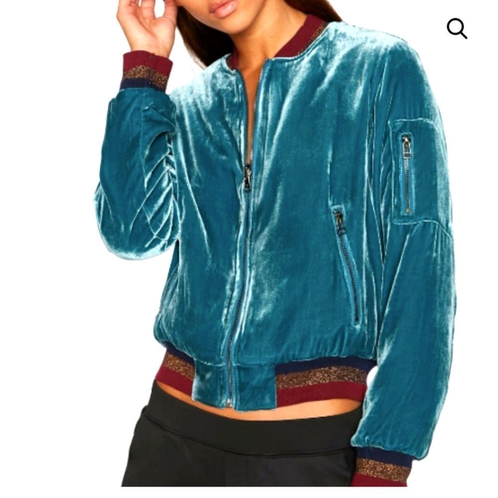 NWOT Pam & Gela Teal Velvet Bomber Jacket
